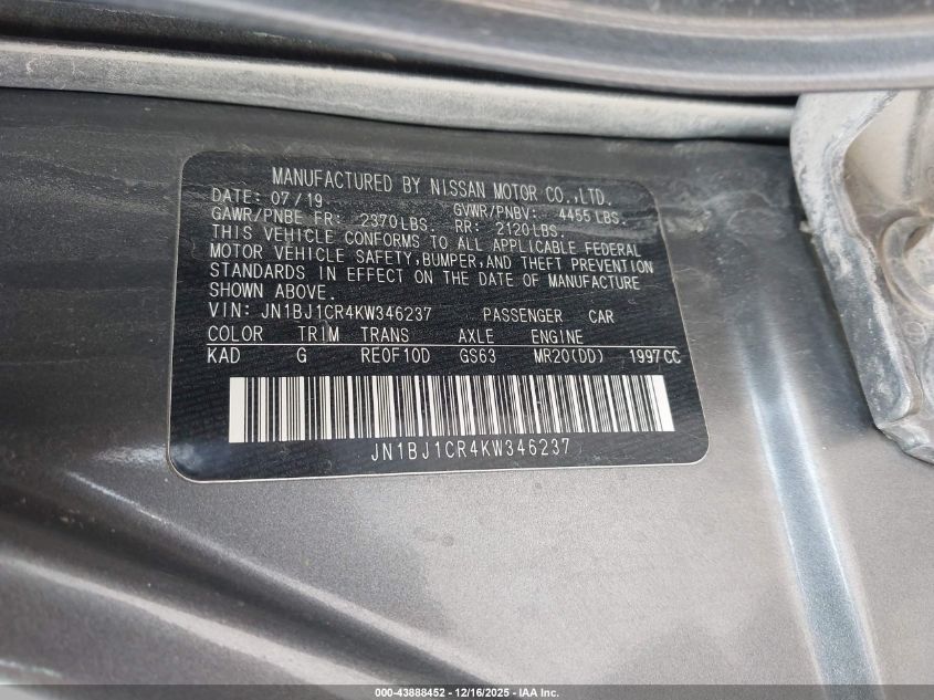 2019 Nissan Rogue Sport Sv VIN: JN1BJ1CR4KW346237 Lot: 43888452