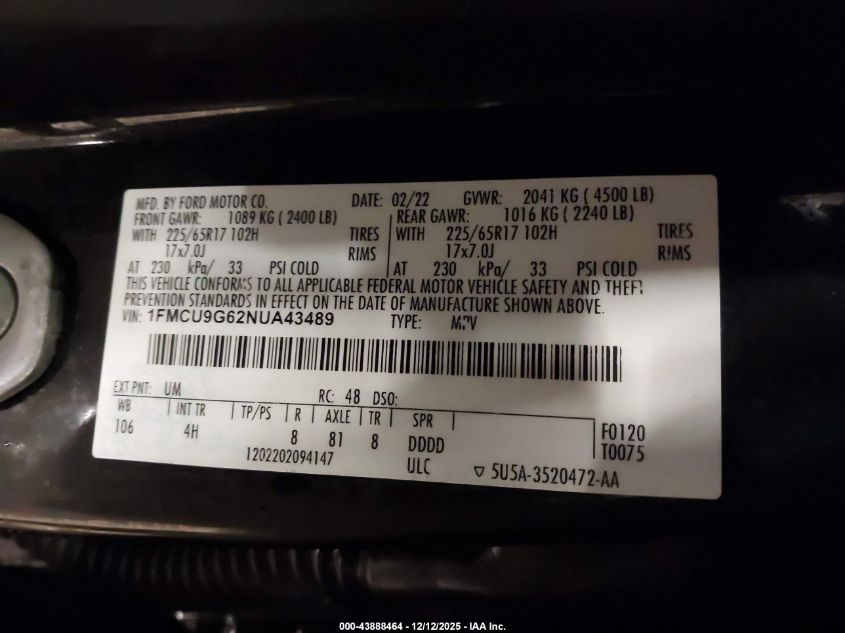 2022 Ford Escape Se VIN: 1FMCU9G62NUA43489 Lot: 43888464