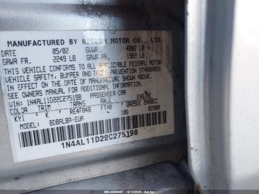 2002 Nissan Altima 2.5 S VIN: 1N4AL11D22C275198 Lot: 43888467