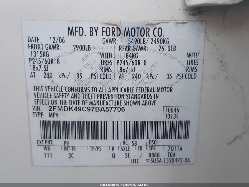 2007 Ford Edge Sel Plus VIN: 2FMDK49C97BA57706 Lot: 43888473