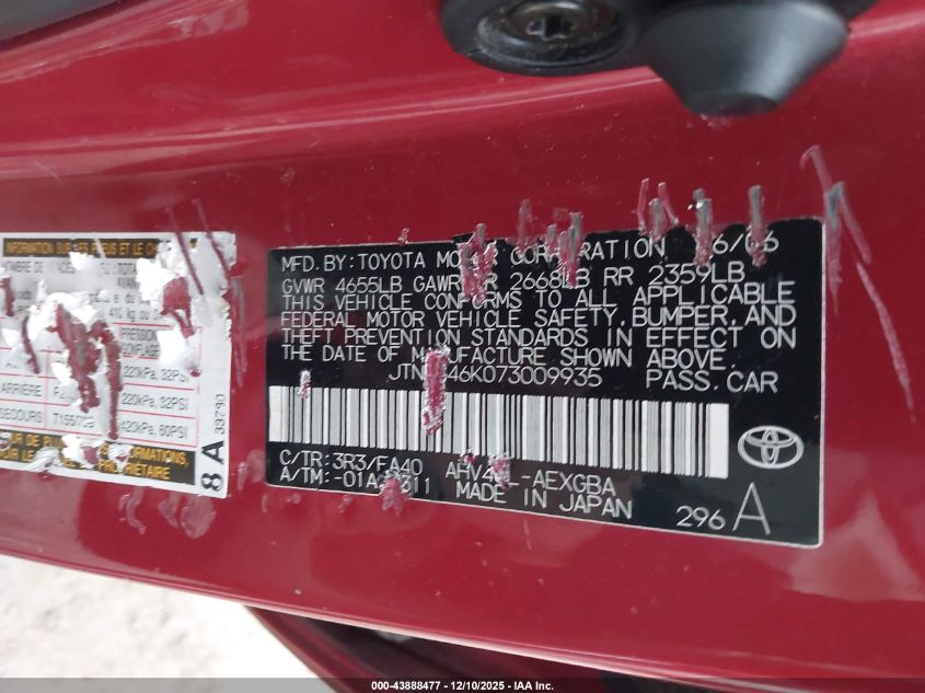 2007 Toyota Camry Hybrid VIN: JTNBB46K073009935 Lot: 43888477