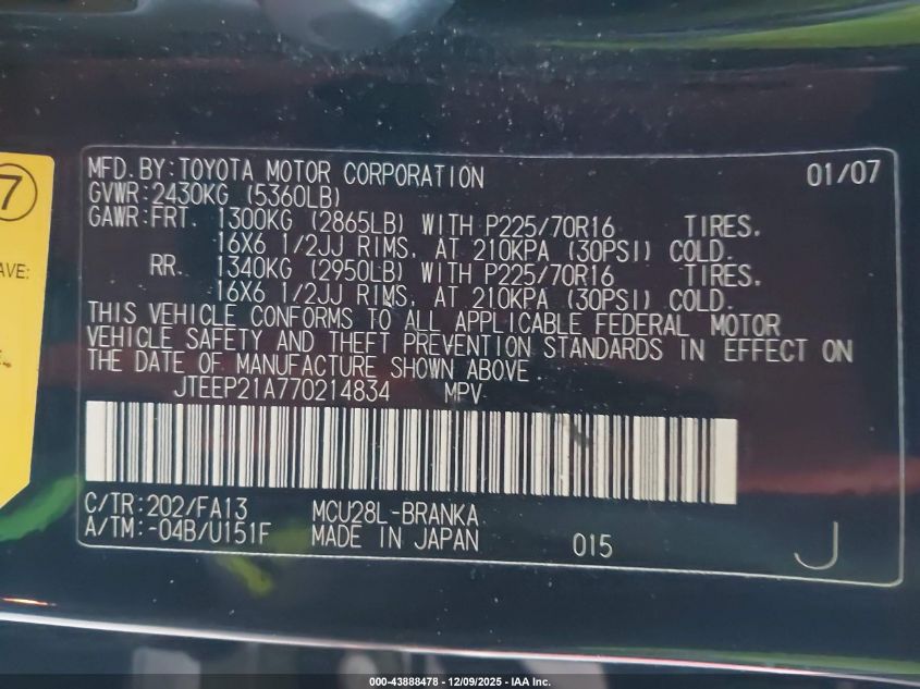 2007 Toyota Highlander V6 VIN: JTEEP21A770214834 Lot: 43888478