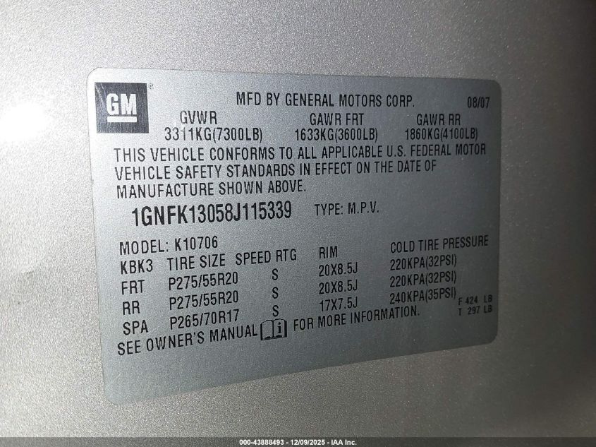 2008 Chevrolet Tahoe Lt VIN: 1GNFK13058J115339 Lot: 43888493