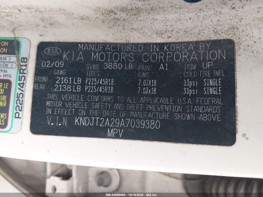 2010 Kia Soul ! VIN: KNDJT2A29A7039380 Lot: 43888494
