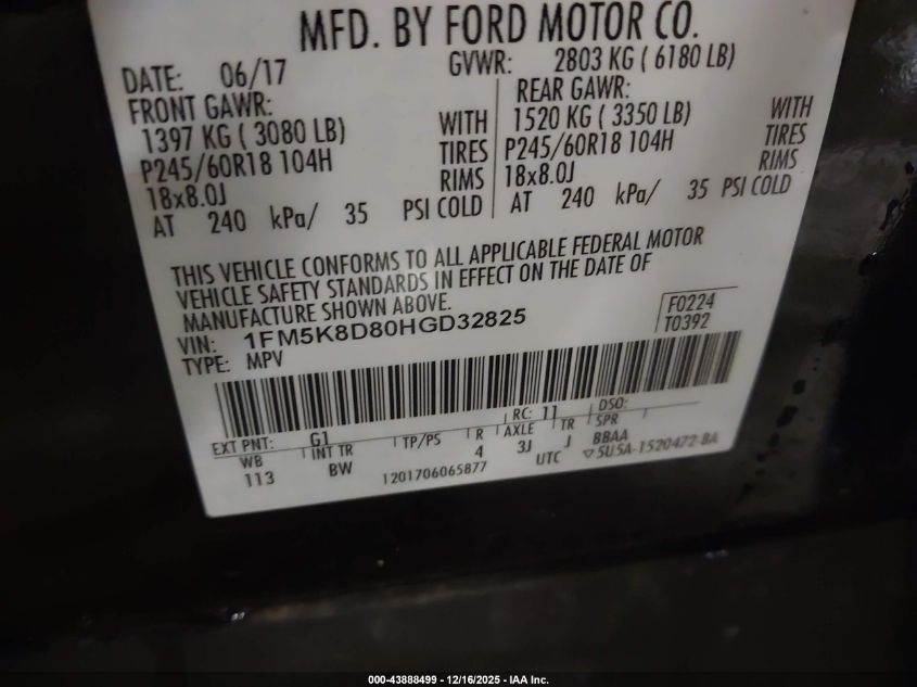 2017 Ford Explorer Xlt VIN: 1FM5K8D80HGD32825 Lot: 43888499