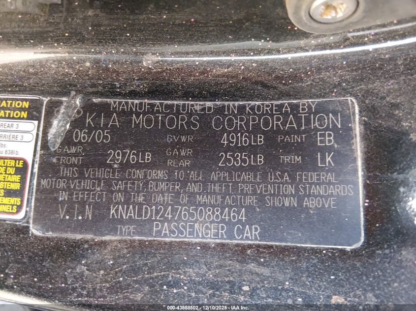 2006 Kia Amanti VIN: KNALD124765088464 Lot: 43888502