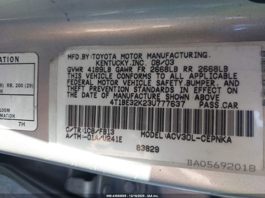 2003 Toyota Camry Le VIN: 4T1BE32K23U777637 Lot: 43888505