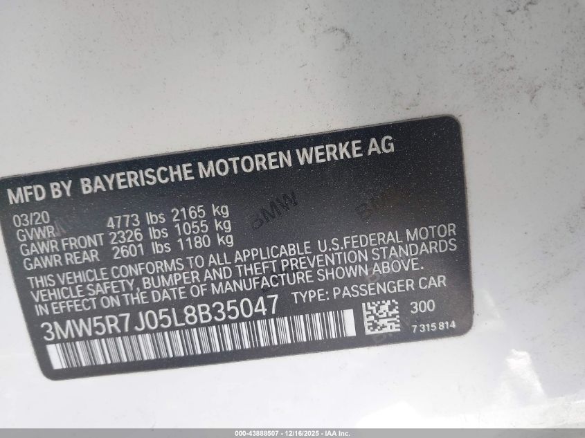 2020 BMW 330I xDrive VIN: 3MW5R7J05L8B35047 Lot: 43888507