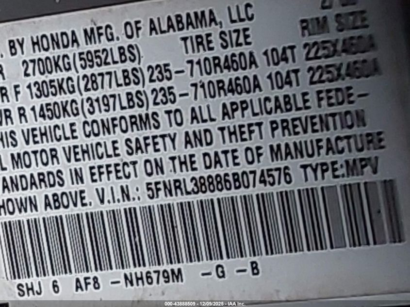 2006 Honda Odyssey Touring VIN: 5FNRL38886B074576 Lot: 43888509