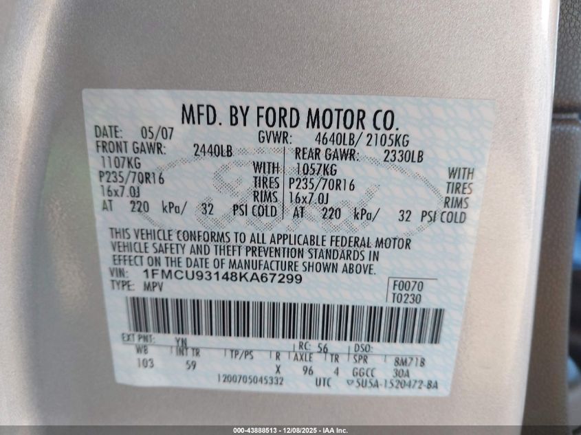 2008 Ford Escape Xlt VIN: 1FMCU93148KA67299 Lot: 43888513