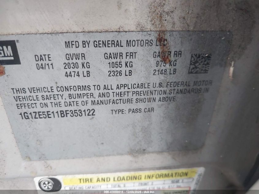2011 Chevrolet Malibu Ltz VIN: 1G1ZE5E11BF353122 Lot: 43888515