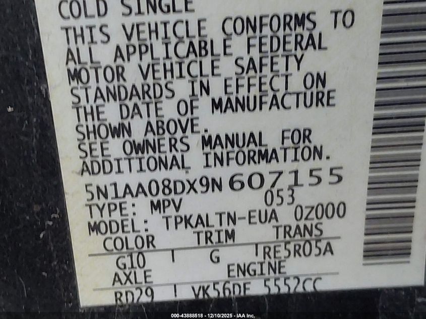 2009 Nissan Armada Se VIN: 5N1AA08DX9N607155 Lot: 43888518