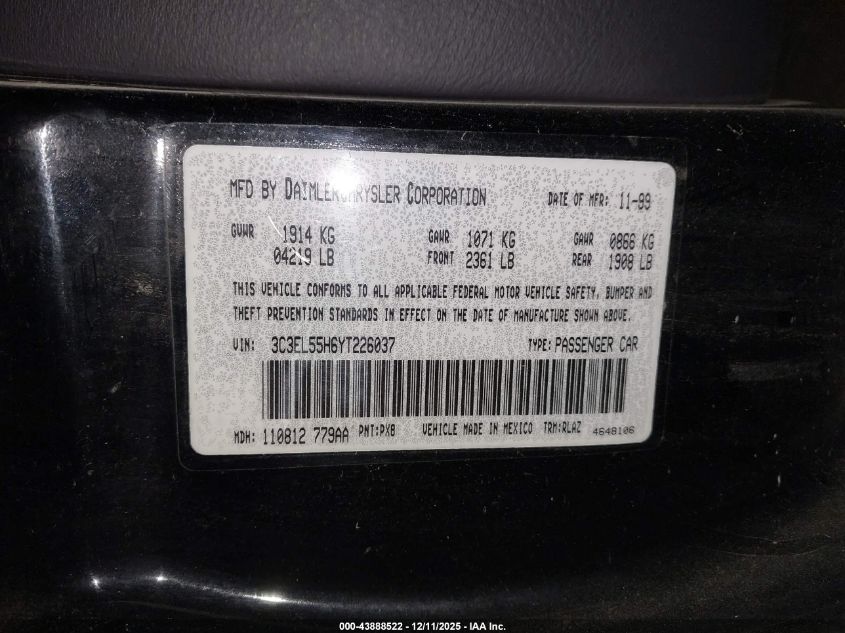 2000 Chrysler Sebring Jxi VIN: 3C3EL55H6YT226037 Lot: 43888522