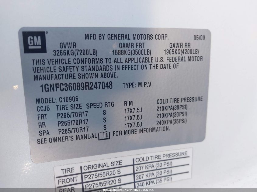 2009 Chevrolet Suburban 1500 Ltz VIN: 1GNFC36089R247048 Lot: 43888524