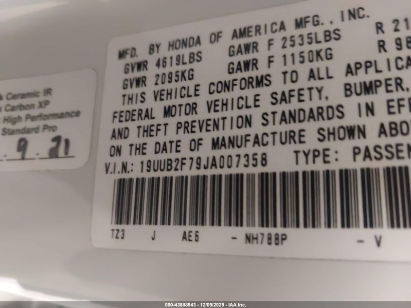 2018 Acura Tlx Advance Pkg VIN: 19UUB2F79JA007358 Lot: 43888543