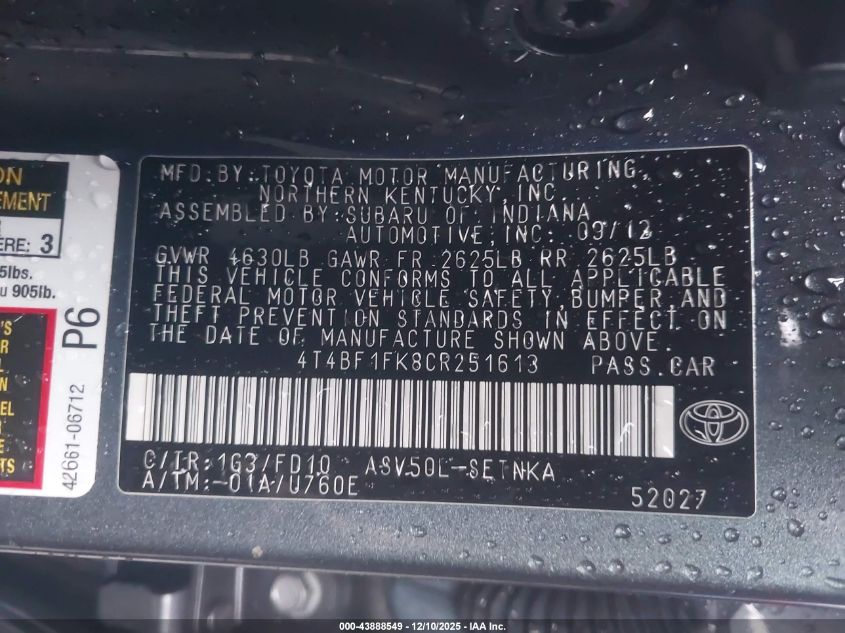 2012 Toyota Camry Le VIN: 4T4BF1FK8CR251613 Lot: 43888549