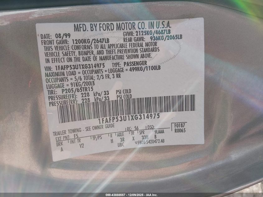 1999 Ford Taurus Se/Se-Ne VIN: 1FAFP53U1XG314975 Lot: 43888557