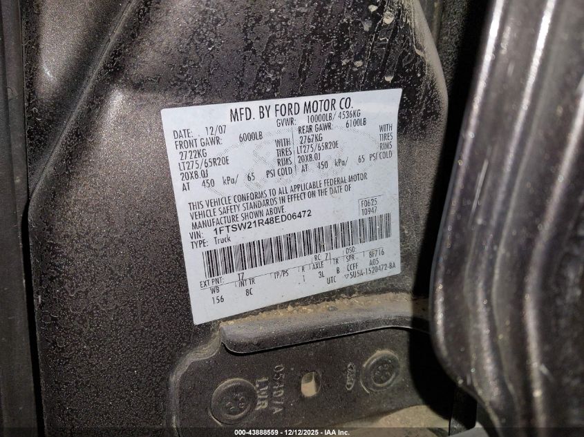2008 Ford F-250 Fx4/Harley-Davidson/King Ranch/Lariat/Xl/Xlt VIN: 1FTSW21R48ED06472 Lot: 43888559