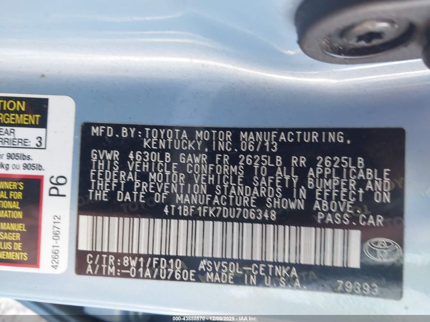 2013 Toyota Camry Le VIN: 4T1BF1FK7DU706348 Lot: 43888570