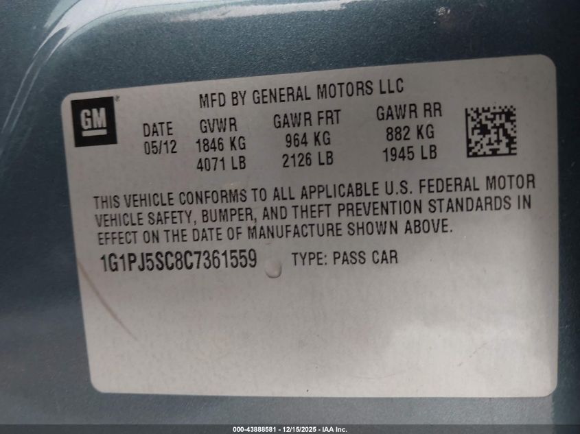 2012 Chevrolet Cruze Eco VIN: 1G1PJ5SC8C7361559 Lot: 43888581