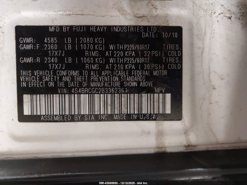 2011 Subaru Outback 2.5I Premium VIN: 4S4BRCGC2B3362361 Lot: 43888585