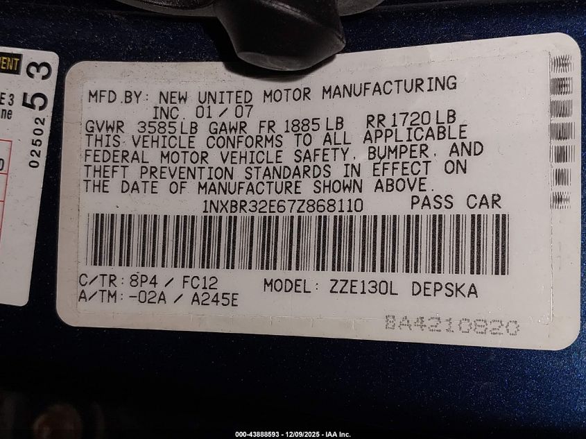 2007 Toyota Corolla S VIN: 1NXBR32E67Z868110 Lot: 43888593