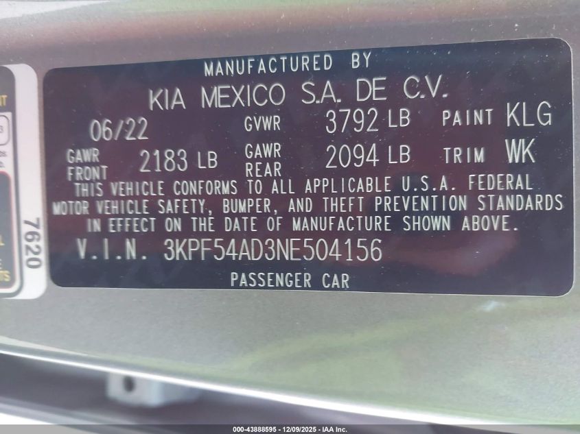 2022 Kia Forte Gt-Line VIN: 3KPF54AD3NE504156 Lot: 43888595
