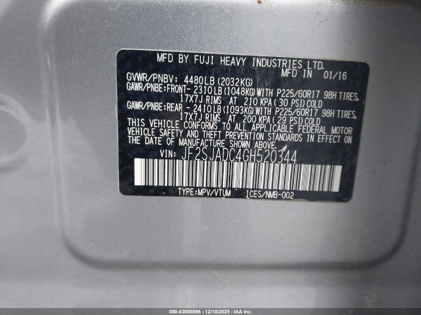 2016 Subaru Forester 2.5I Premium VIN: JF2SJADC4GH520344 Lot: 43888596