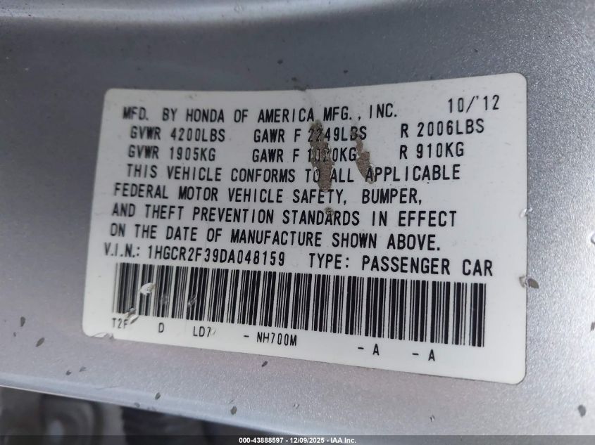 2013 Honda Accord Lx VIN: 1HGCR2F39DA048159 Lot: 43888597