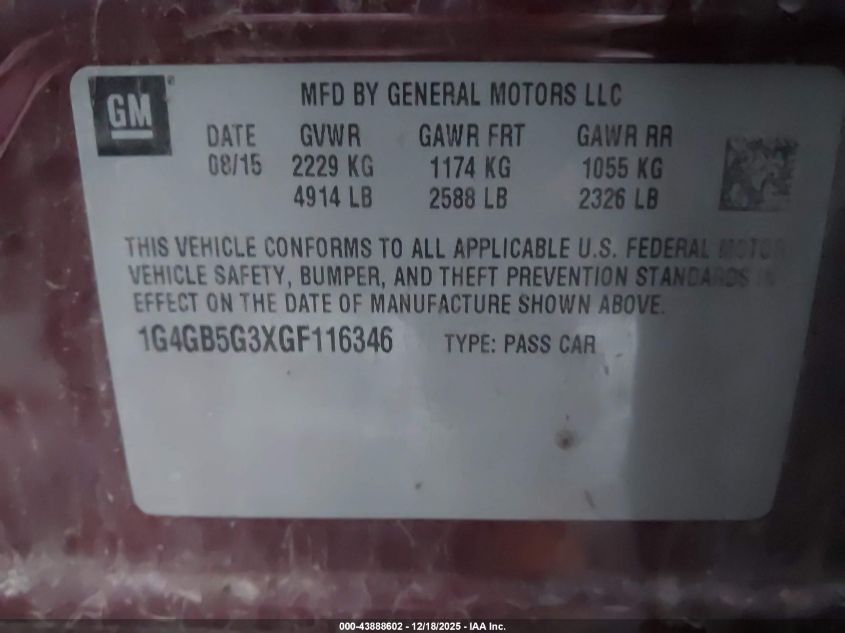 2016 Buick Lacrosse Leather VIN: 1G4GB5G3XGF116346 Lot: 43888602