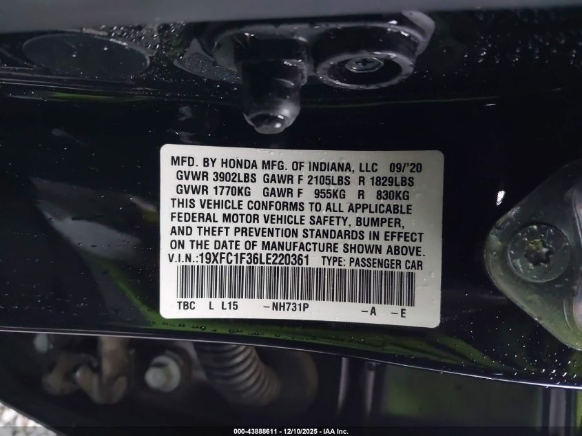 2020 Honda Civic Ex VIN: 19XFC1F36LE220361 Lot: 43888611