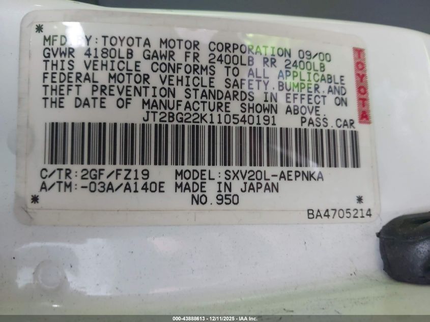 2001 Toyota Camry Le VIN: JT2BG22K110540191 Lot: 43888613