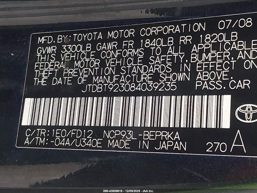 2008 Toyota Yaris VIN: JTDBT923084039235 Lot: 43888618