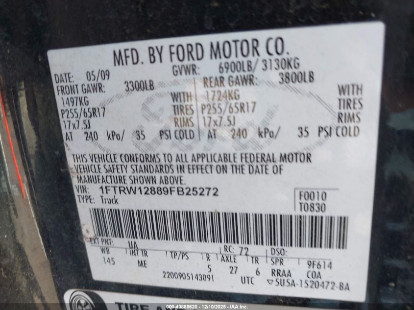 2009 Ford F-150 Xlt VIN: 1FTRW12889FB25272 Lot: 43888620