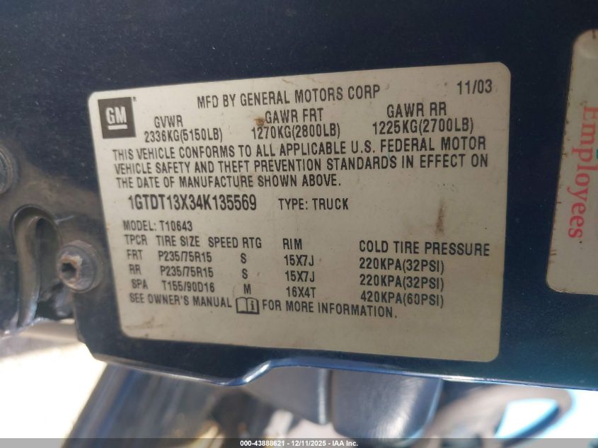 2004 GMC Sonoma Sls VIN: 1GTDT13X34K135569 Lot: 43888621