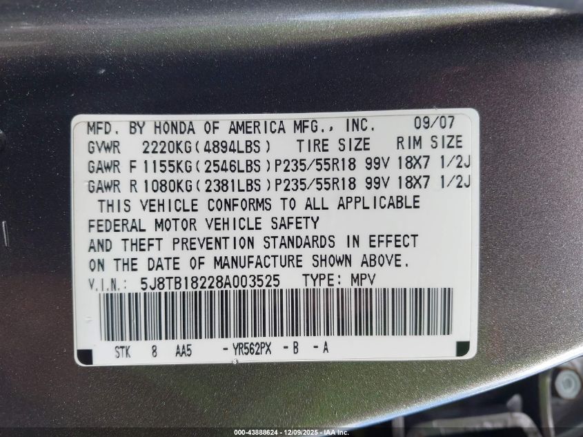 2008 Acura Rdx VIN: 5J8TB18228A003525 Lot: 43888624