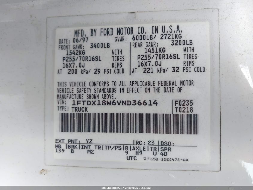 1997 Ford F-150 Lariat/Xl/Xlt VIN: 1FTDX18W6VND36614 Lot: 43888627