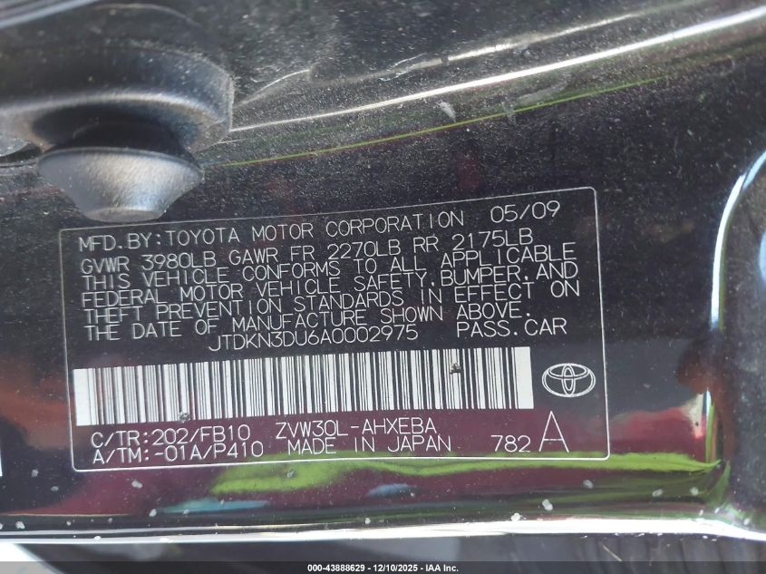 2010 Toyota Prius Ii VIN: JTDKN3DU6A0002975 Lot: 43888629