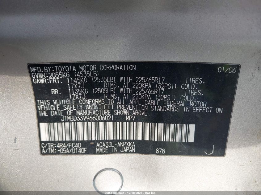 2006 Toyota Rav4 VIN: JTMBD33V966006021 Lot: 43888631