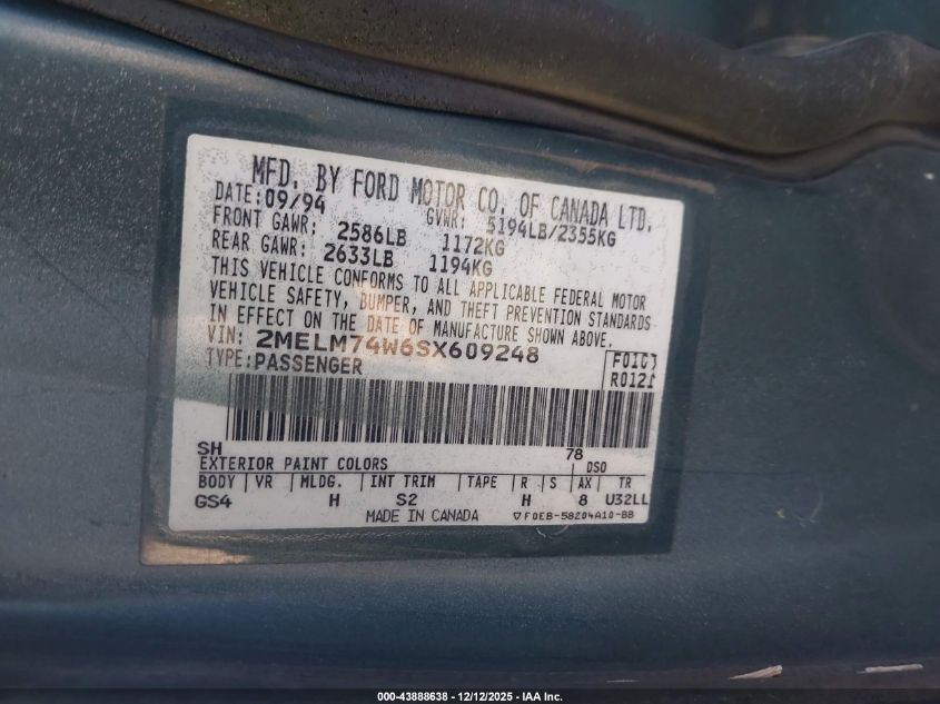 1995 Mercury Grand Marquis Gs VIN: 2MELM74W6SX609248 Lot: 43888638