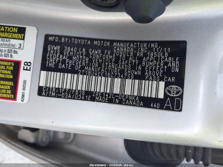 2011 Toyota Corolla Le VIN: 2T1BU4EE1BC734759 Lot: 43888642