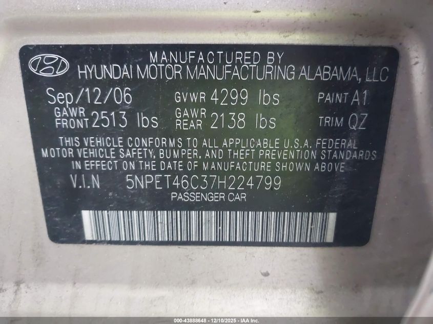 2007 Hyundai Sonata Gls VIN: 5NPET46C37H224799 Lot: 43888648