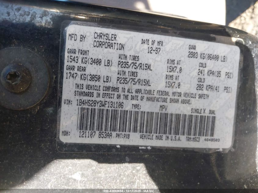 1998 Dodge Durango Slt VIN: 1B4HS28Y3WF131106 Lot: 43888654