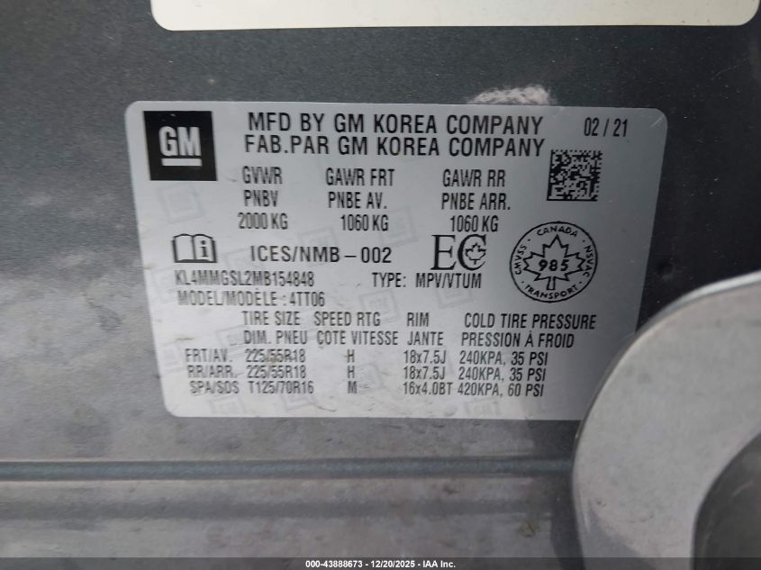 2021 Buick Encore Gx Awd Essence VIN: KL4MMGSL2MB154848 Lot: 43888673