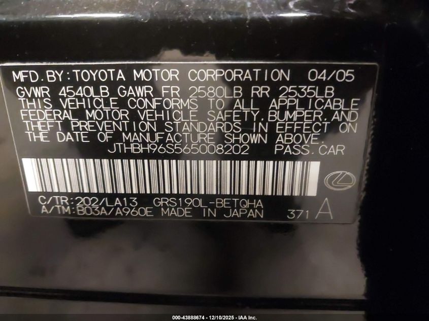 2006 Lexus Gs 300 VIN: JTHBH96S565008202 Lot: 43888674