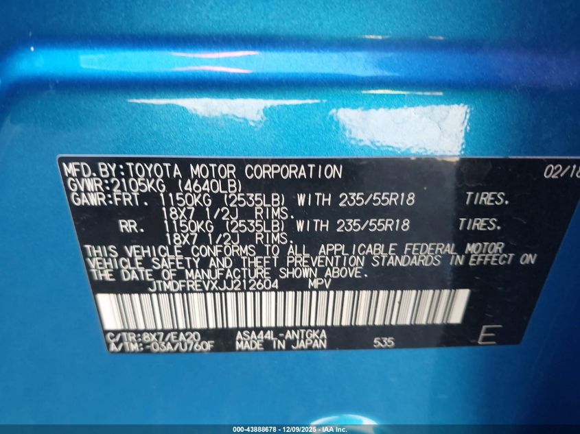 2018 Toyota Rav4 Limited VIN: JTMDFREVXJJ212604 Lot: 43888678