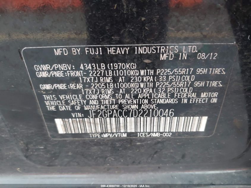 2013 Subaru Xv Crosstrek 2.0I Premium VIN: JF2GPACC7D2210046 Lot: 43888700