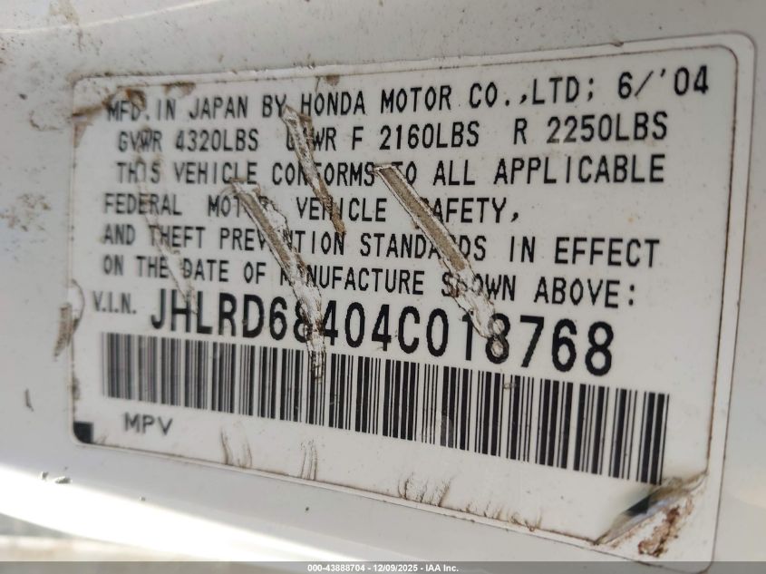 2004 Honda Cr-V Lx VIN: JHLRD68404C018768 Lot: 43888704