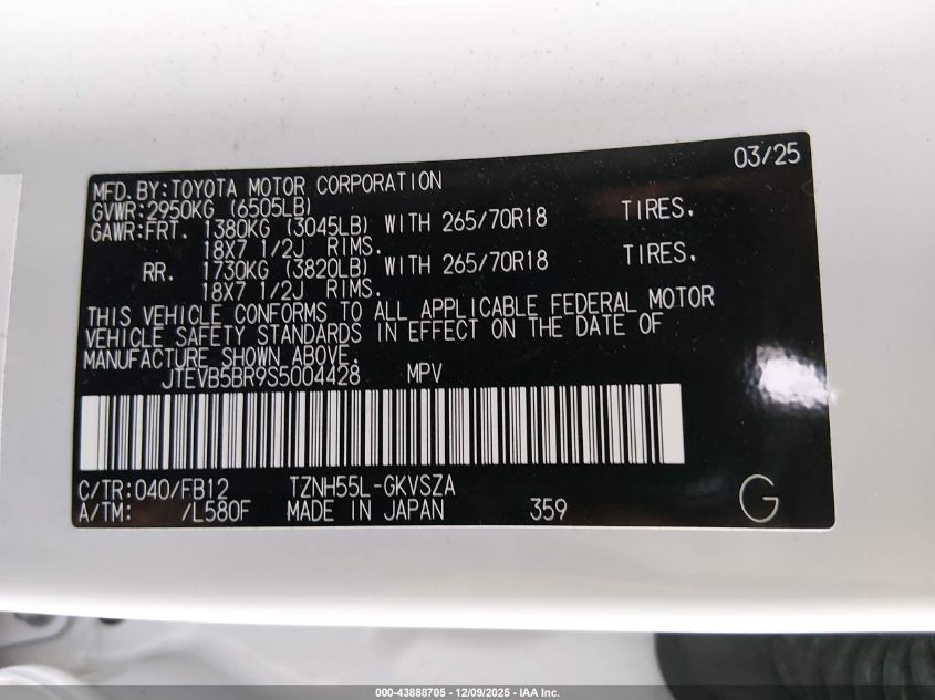 2025 Toyota 4Runner Hybrid Trd Off Road VIN: JTEVB5BR9S5004428 Lot: 43888705