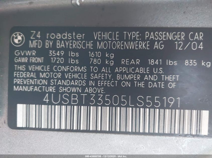 2005 BMW Z4 2.5I VIN: 4USBT33505LS55191 Lot: 43888706